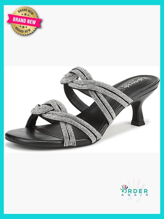 Shoes - Kitten Heel Slide Sandals Rhinestone Strap Comfortable Casual Dressy